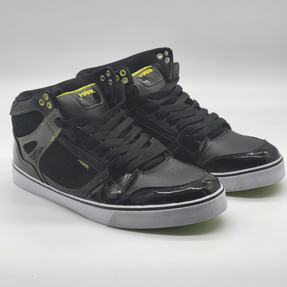 Tony Hawk Skate Shoes Black Leather Top With Lime Green Accents & Soles Size 12M